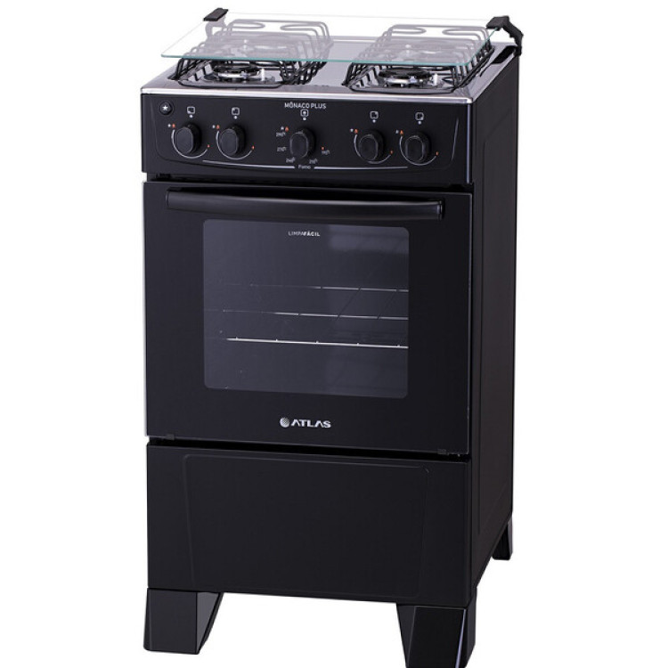 Fogão 4 Bocas Atlas Mônaco Plus Preto Com Mesa Inox - Bivolt