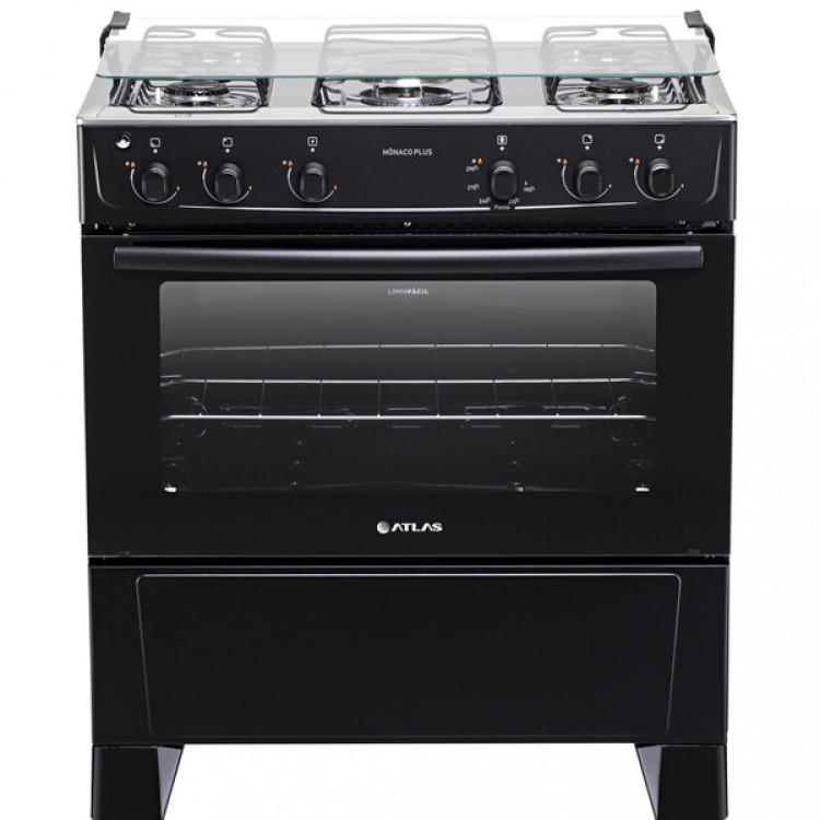 Fogão  5 Bocas Atlas Mônaco Plus Preto Com Mesa Inox  Bivolt