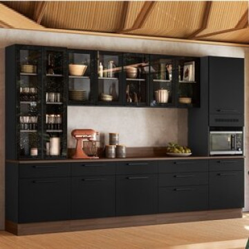 Cozinha Modulada Em Aço 7 Peças 12 Portas 7 Gavetas Com Cristaleira Rodapé Pvc Exclusive Itatiaia Grafite/preto Matt