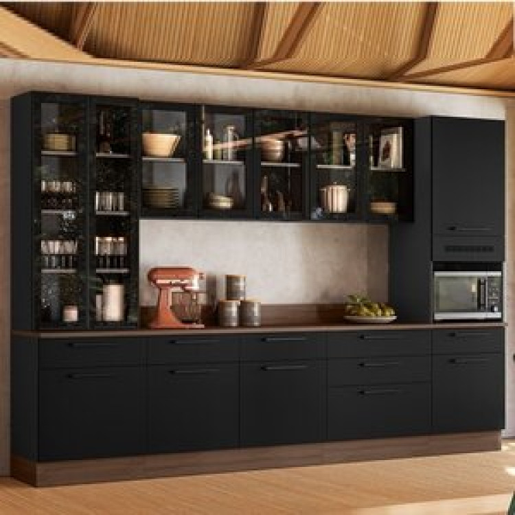 Cozinha Modulada Em Aço 7 Peças 12 Portas 7 Gavetas Com Cristaleira Rodapé Pvc Exclusive Itatiaia Grafite/preto Matt