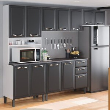 Cozinha Modulada Compacta Em Aço 4 Peças 12 Portas 2 Gavetas Paneleiro Forno New Premium Itatiaia Grafite