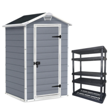 Kit Depósito Jardim Multiuso Área Externa 4x3 Manor Keter + Estante Plástica 5 Níveis