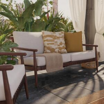 Sofá de Jardim 2 Lugares em Alumínio|Couro Sintético 70x148x86cm Marrom e Bege Retrô Naterial