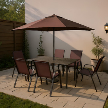 Conjunto para Jardim Mesa, Cadeira e Ombrelone 6 Lugares Aço Marrom Capitólio Belice