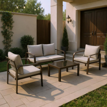 Conjunto para Jardim com Sofá, Poltrona e Mesa de Centro 4 Lugares Aço Marrom Sabrina Plicosa